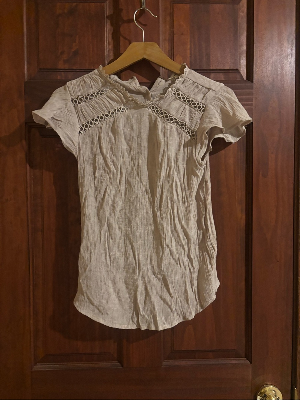 mine Cream Short Sleeve Top with Crochet Trim